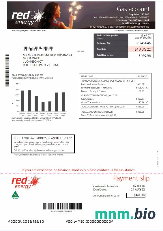 Australia Red Energy rachunek za media Word i szablon PDF
